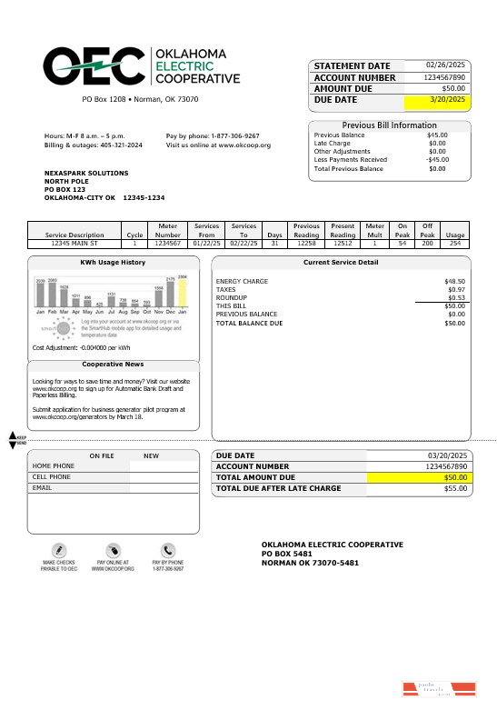 USA OEC electricity business utility bill template in Word and PDF formats